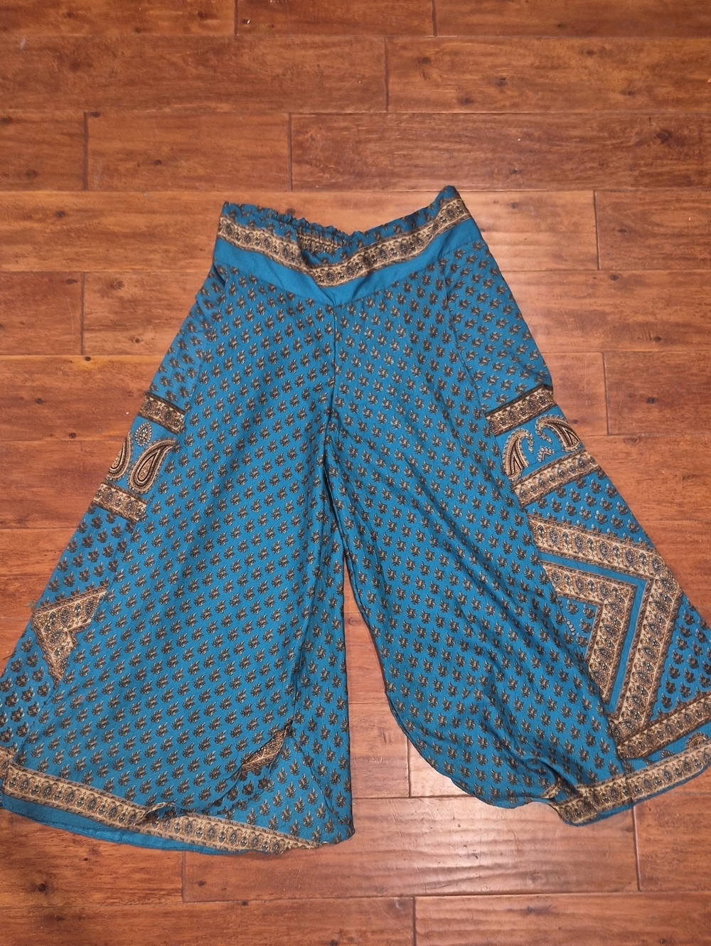 Women’s Sz S/M Turquoise Print Indian Pants Cozy Wedding Date Nyfw Bollywood